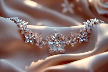 elegant floral diamond necklace on luxurious satin fabric