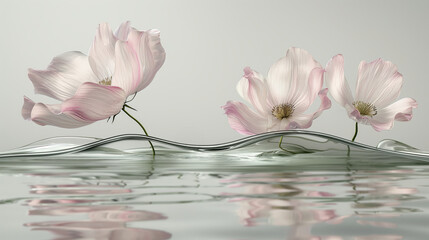 Three pink poppy flowers with delicate petals are leaning over a reflective water surface with their reflection visible in the water.