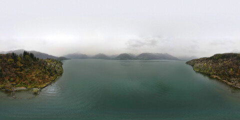 360 degree panorama. Aerial view of Bellagio village on the Lake Como, in Italy. Springtime.	