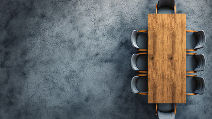 A top view of a long wooden table with a natural finish, surrounded by six modern chairs with grey upholstery and dark wooden legs, set on a textured grey concrete floor.