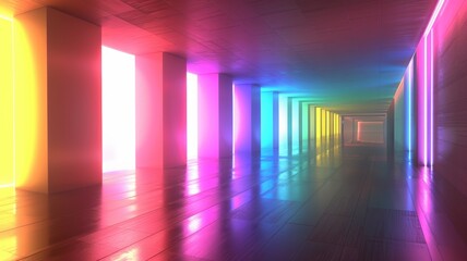 Futuristic colorful neon light toned background 3D room light abstract space technology tunnel stage floorwith bright light glowing at the end of the tunnel.