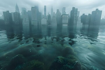 Submerged Serenity: NYC's Skyscrapers Amidst Rising Tides. Concept Climate Change, Urban Landscapes, Rising Sea Levels, New York City, Skyscrapers - obrazy, fototapety, plakaty
