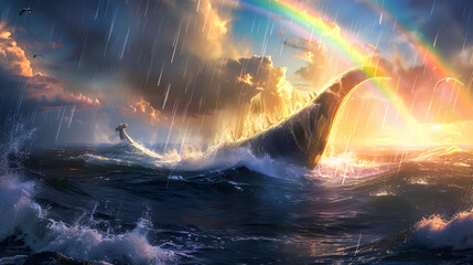 Noah's Ark in the sea with rainbow - obrazy, fototapety, plakaty