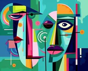 Vibrant abstract cubist painting of multiple faces, ideal for modern art galleries, artistic education, and creative design backgrounds.
