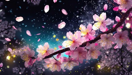 Beautiful cherry blossom petals dance magically and gently against the blue sky, and the sounds of spring blow through with a pleasant breeze. - obrazy, fototapety, plakaty