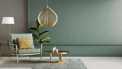 Grey green living room. Lounge area chair with an accent gold table and decor. Empty painted wall blank as background. Modern interior design room home or hotel. 3d rendering