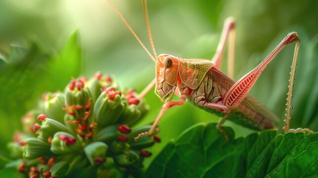 Swarm of red locusts clustered tightly on lush green leaves, soft tones, fine details, high resolution, high detail, 32K Ultra HD, copyspace