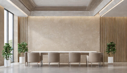 Meeting room or reception living hall. Large beige taupe lounge home, office. Empty wall in the...