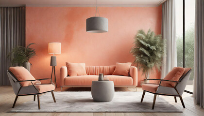 Peach fuzz trend color year 2024 in the premium livingroom. Painted mockup wall for art - pink pastel apricot warm colour. Modern room design interior lounge. Accent premium gray chairs. 3d render