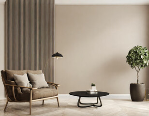 Premium living room with chair and black table. Accent empty wall taupe beige color painted. Warm ivory interior design. Mockup art. Rich lux furniture and lounge reception hall. 3d rendering