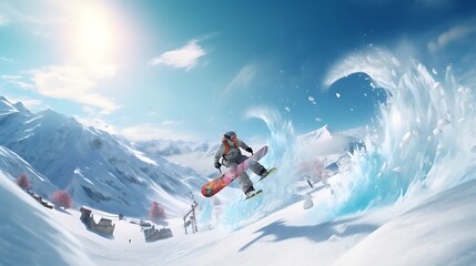 AI-generated characters participating in an exciting snowboarding competition, showcasing their skills in a dazzling winter terrain