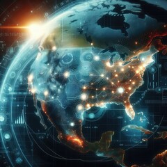 Fototapeta na wymiar Digital map of usa on the global planet with ai technology concept