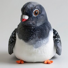 A cute pigeon plush toy on a white background emanating an aura of sweetness and innocence. Soft plush gray pigeon with a friendly expression. - obrazy, fototapety, plakaty