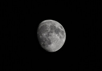 A monochromatic photo of the moon in the night sky