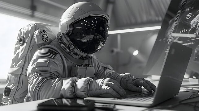 Astronaut sits at a desk and works on the laptop