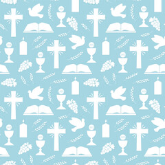 seamless pattern with christian religion icons, holy communion: bible, dove, chalice, candle, wheat ear; great for wrapping, greeting cards, invitations- vector illustration - 783395228