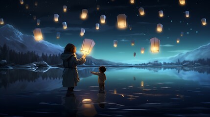 AI-generated children releasing paper lanterns on a frozen lake, their hopes and dreams lighting up the winter night