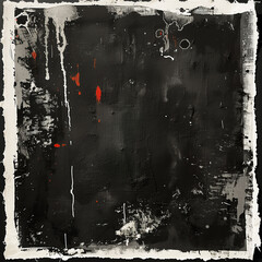 A square painting with white border, dark gray background, rough texture, brushstrokes, red and black color blocks, simple composition, ai generated.