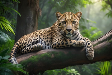 A beautiful Jaguar lying on a tree branch.