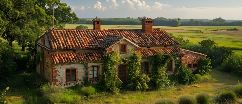 Idyllic Rustic Retreat Amidst Verdant Fields. Concept Nature Photography, Rustic Decor, Country Living, Scenic Views, Peaceful Landscapes