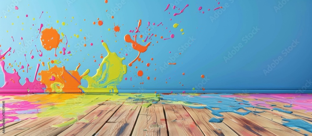 Poster Wooden floor captured up close displaying colorful paint splatters and marks