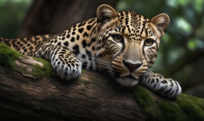 A beautiful Jaguar lying on a tree branch.