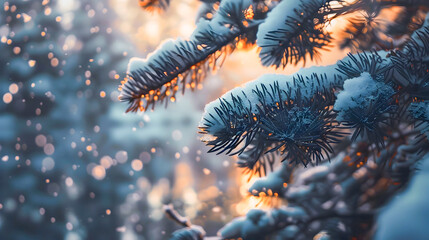 Snow-covered Pine Tree in Winter Golden Light - obrazy, fototapety, plakaty