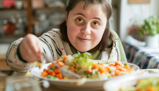 Young Adult with Down Syndrome Explores Independent Meal Preparation Skills.. Learning Disability