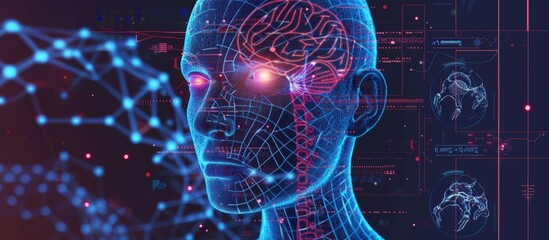 Detailed illustration of a human head displaying the brain and a complex network of neural connections - obrazy, fototapety, plakaty