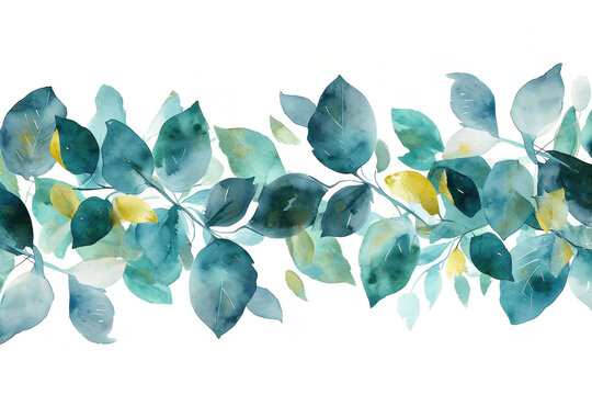 Fototapeta Beautiful watercolor painting of blue and yellow leaves on a white background in nature theme