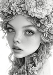 Young girl with a flower crown and flowers in her hair in a black and white drawing