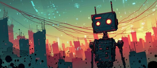 Robot positioned in front of urban skyline, showcasing a futuristic and technological scene