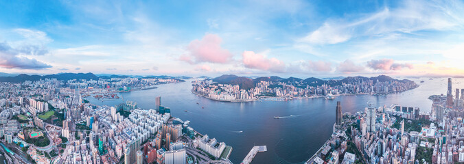 City landscape of the famous travel landmark, aerial view of Hong Kong, Kowloon Bay