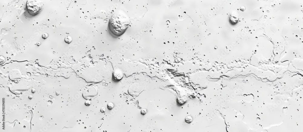 Poster close-up view of a white surface with small water droplets scattered across and a few rocks visible