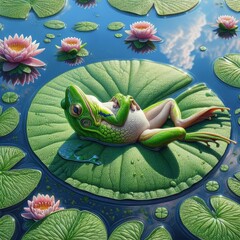 A vibrantly colored green frog is reclined on a large lily pad amidst a pond dotted with numerous smaller pads and blooming water lilies