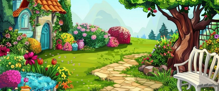 A beautiful illustration of an idyllic garden with colorful flowers, green grass and trees, Anime Background Images