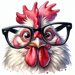 A highly detailed chicken wearing a large pair of black glasses, showcasing an amusing expression