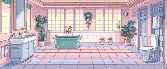 A cartoon bathroom scene with pink walls, light blue tiles on the floor and ceiling, a green bathtub, a white sink and toilet, Anime Background Images