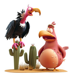 The plump Meat character looks worried as the eager Vulture stands next to a cactus in a quirky cartoon scene