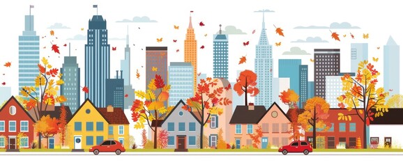 a cartoon city park with trees and buildings in the background, colorful autumn foliage , Anime Background Images