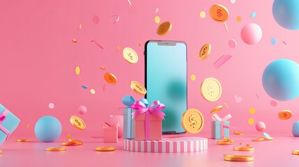 A 3D coupon showcases a mobile phone with gifts and falling coins, emphasizing online sales and special offer promotions in a dynamic vector illustration