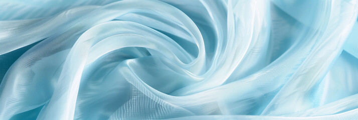 Closeup of light blue chiffon fabric with swirling folds, creating an elegant and ethereal background - obrazy, fototapety, plakaty