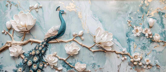 Peacock and white flowers on turquoise background with copy space