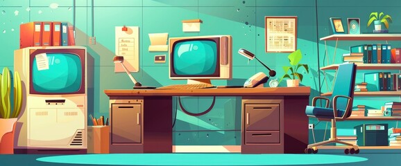 A cartoon illustration of an old computer on a desk in an office , Anime Background Images
