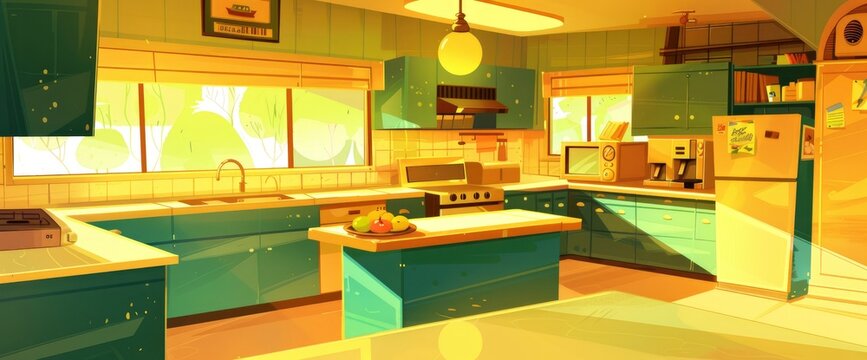A cartoon kitchen with an island in the center, surrounded by cabinets and appliances. On top of one side is fruits and vegetables on a plate, Anime Background Images