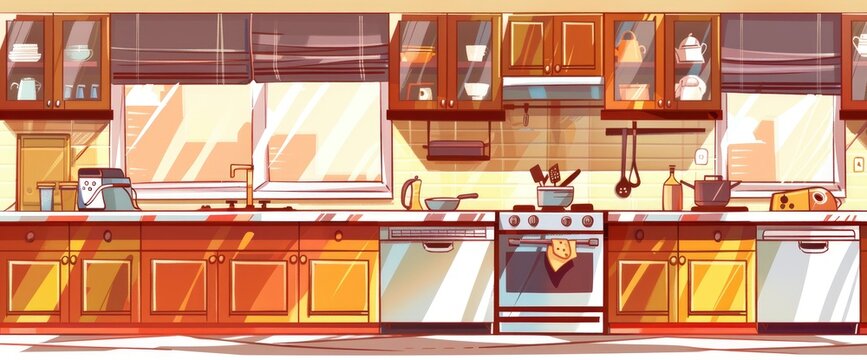 A cartoon kitchen with many items on the counter, windows showing nature outside, colorful illustration style, detailed illustrations of everyday life, Anime Background Images