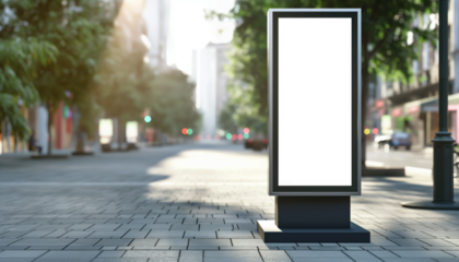 Vertical poster advertisement panel near road in city. Mock up with transparent empty copy space. Generative AI