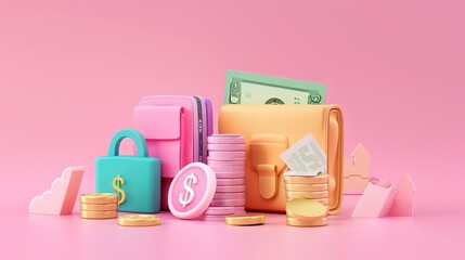 A cashback and money refund icon concept features a wallet, dollar bill, and coin stack with online payment symbols on a pink background in a 3D render