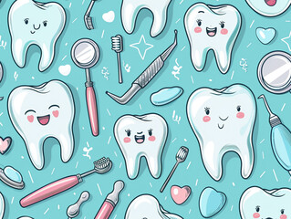 A playful pattern of dentist tools in cartoon style featuring toothbrushes and mirrors