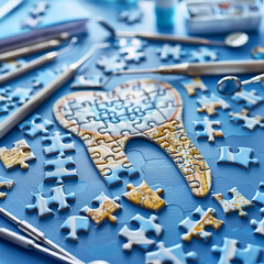 A puzzle in the shape of a tooth scattered across a dentists table